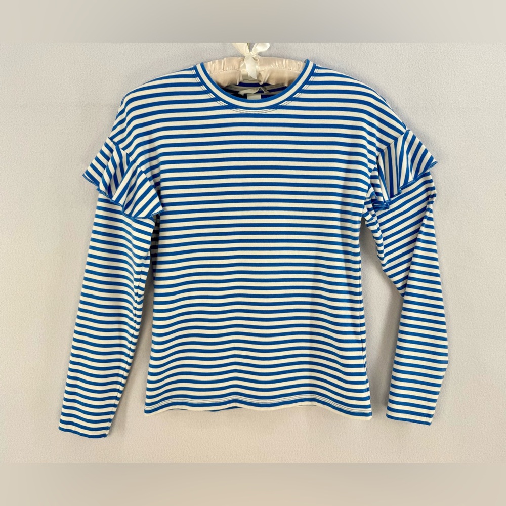 Women’s H&M White And Blue Stripped Long Sleeve Top Ruffle Accent Casual Sz XS